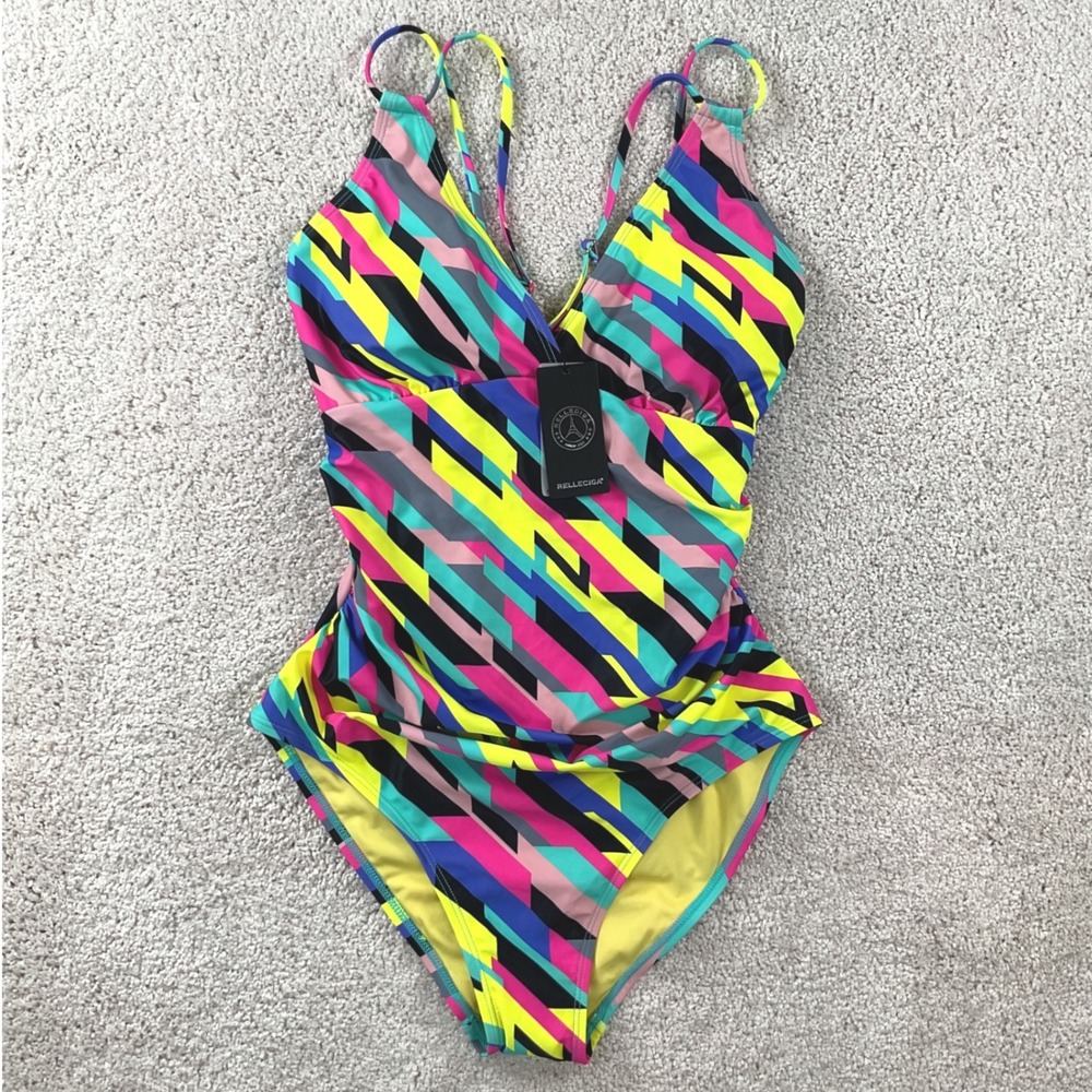 Relleciga‎ Womens Neon Geometric Color Block One Piece Swimsuit Medium